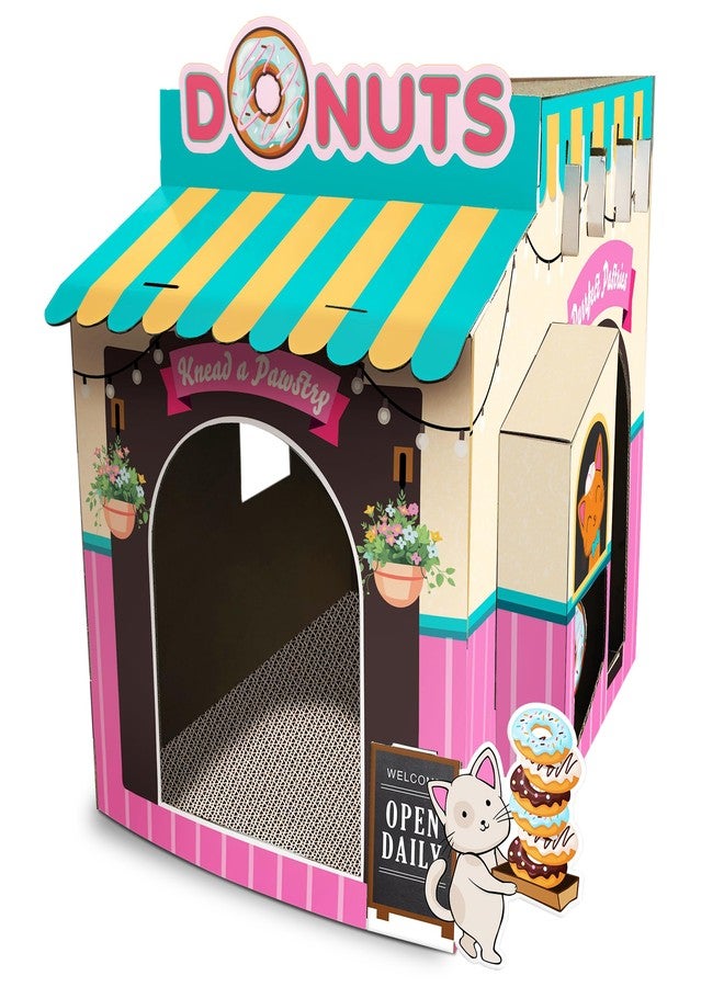 HAPPY CAT HappyCat Donut Shop Cat Scratcher House - Adorable Cardboard Cat Playhouse with Scratching Panels & Spacious Interior, Hideout & Stimulation Station - Charming Indoor Cat House - Image 1
